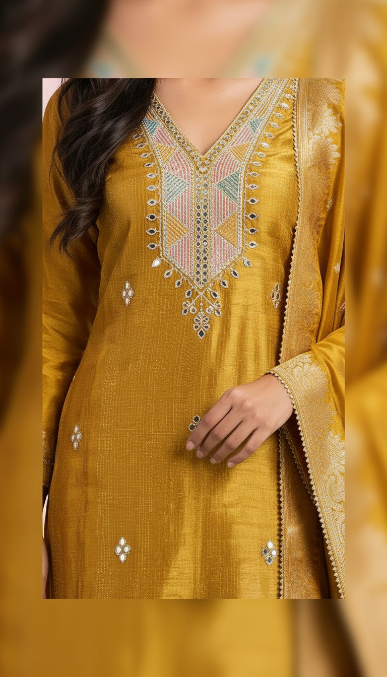 Pure Silk Jacquard Work Stylish Suit - Mustard 19 / HC001809 view 3