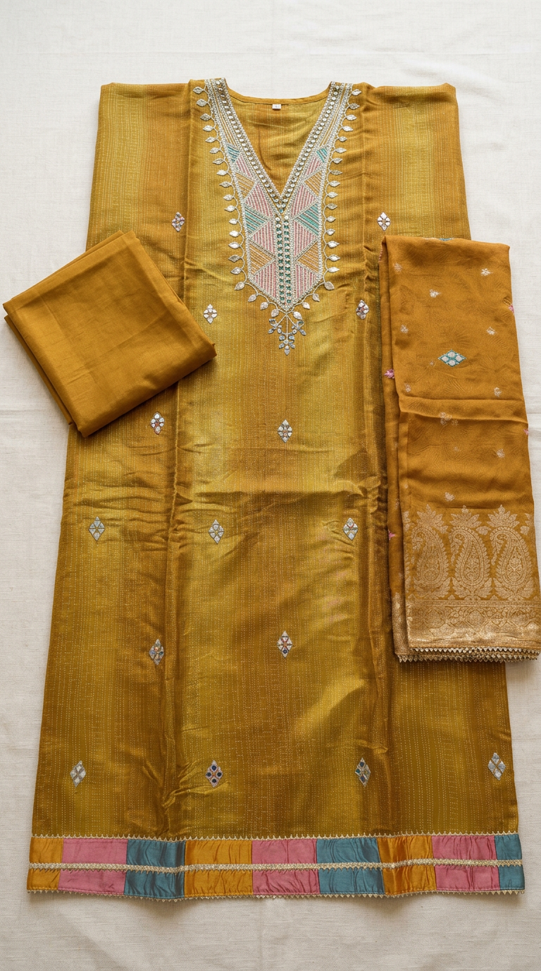 Pure Silk Jacquard Work Stylish Suit - Mustard 19 / HC001809 view 5