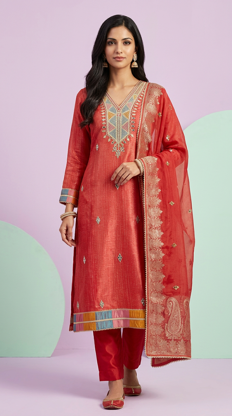 Pure Silk Jacquard Work Stylish Suit - Cherry Red 19 / HC001809