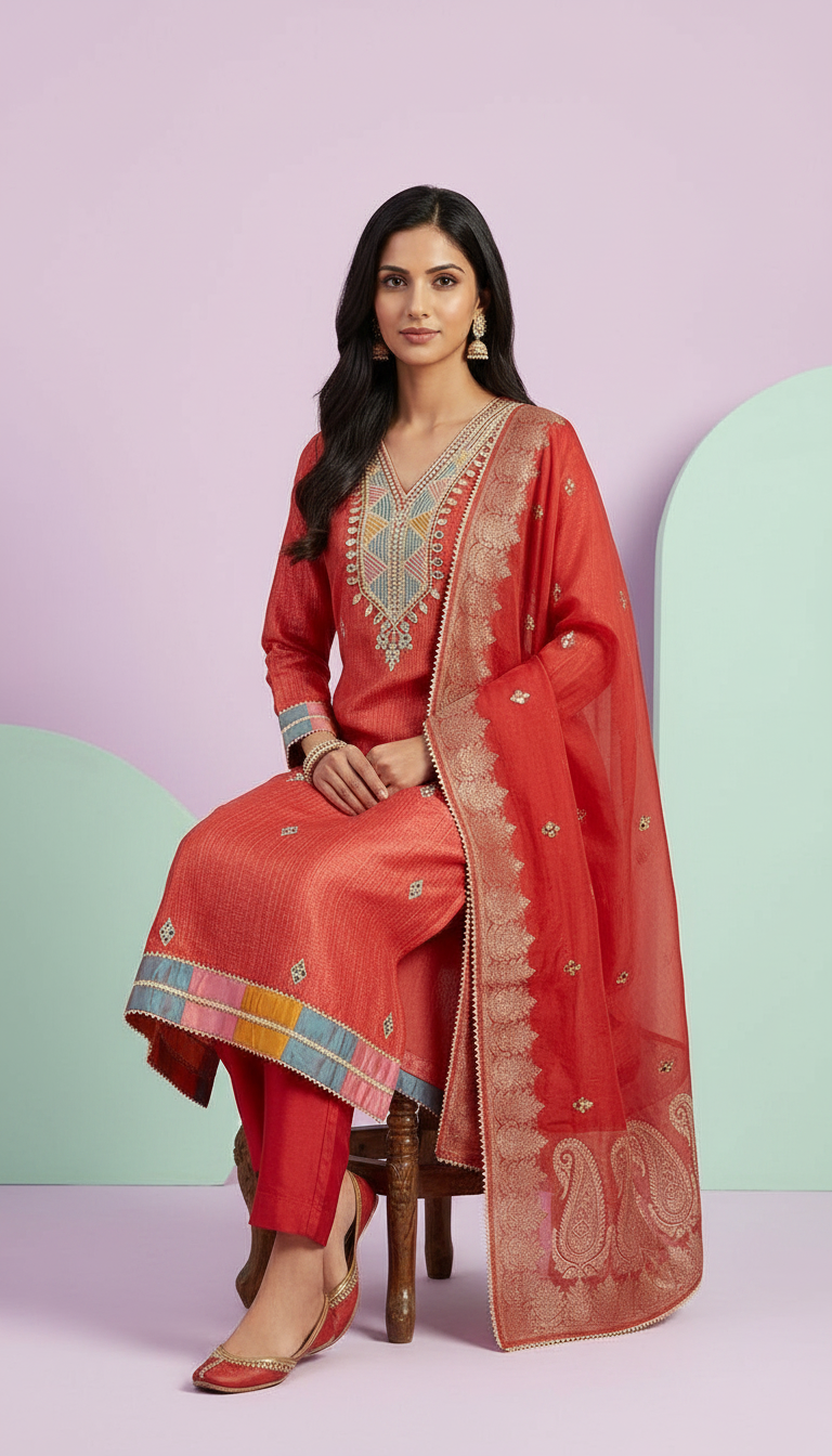 Pure Silk Jacquard Work Stylish Suit - Cherry Red 19 / HC001809 view 3