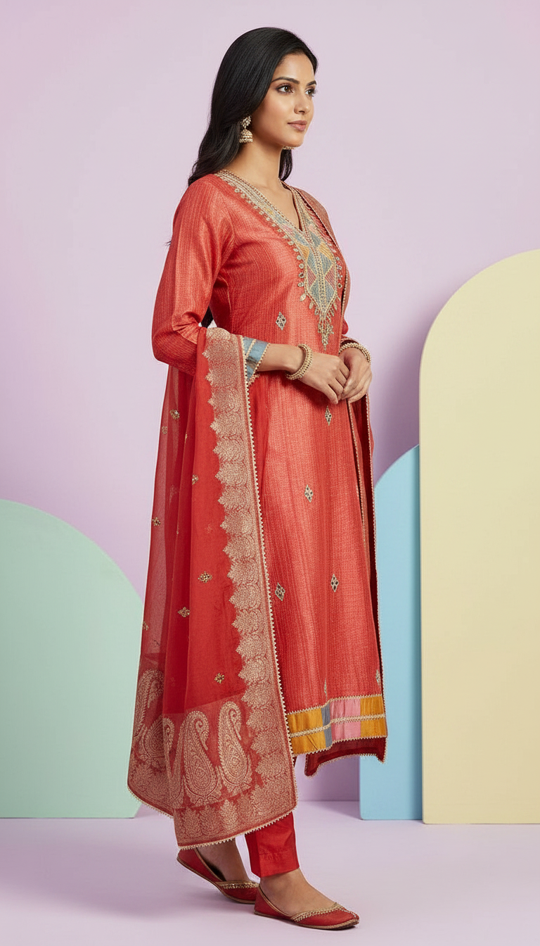 Pure Silk Jacquard Work Stylish Suit - Cherry Red 19 / HC001809 view 4
