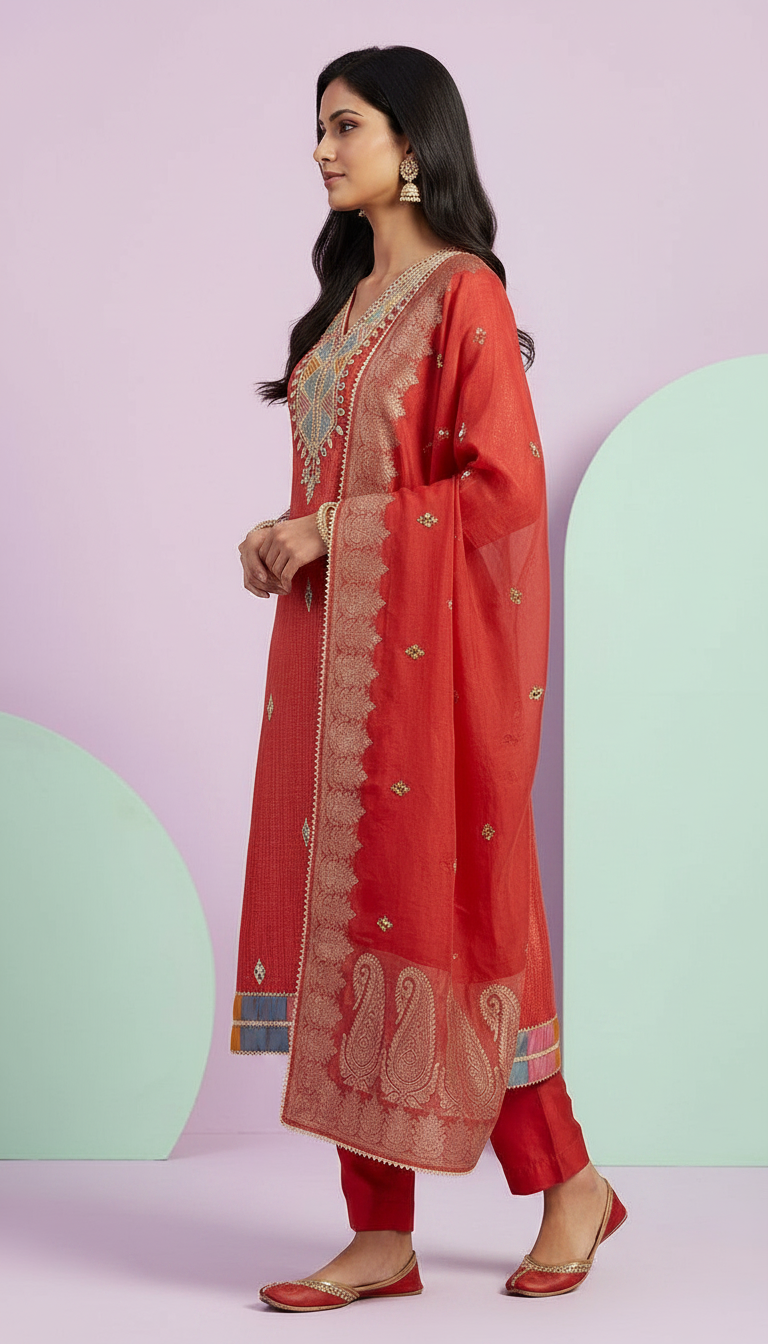 Pure Silk Jacquard Work Stylish Suit - Cherry Red 19 / HC001809 view 2
