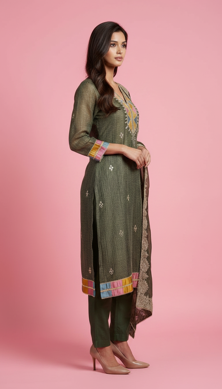 Pure Silk Jacquard Work Stylish Suit - Green 19 / HC001809 view 3