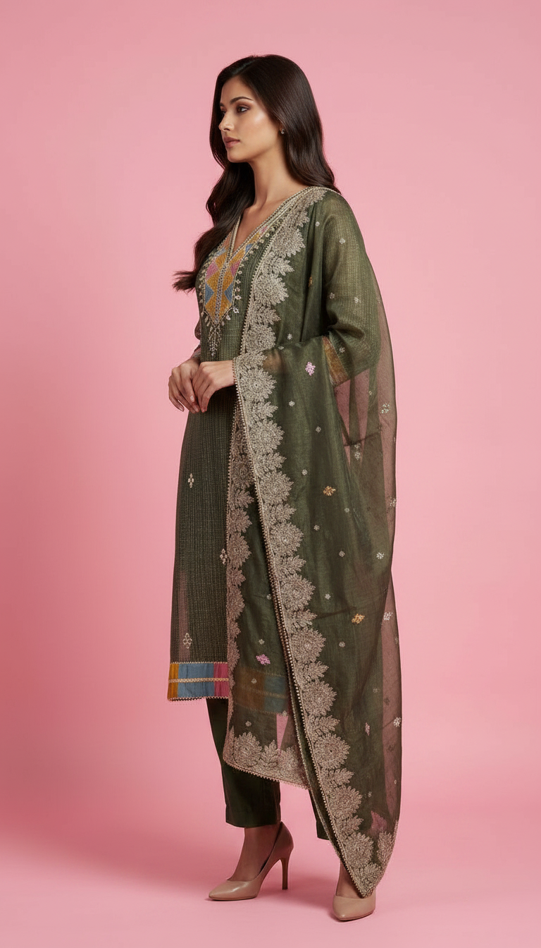 Pure Silk Jacquard Work Stylish Suit - Green 19 / HC001809 view 2