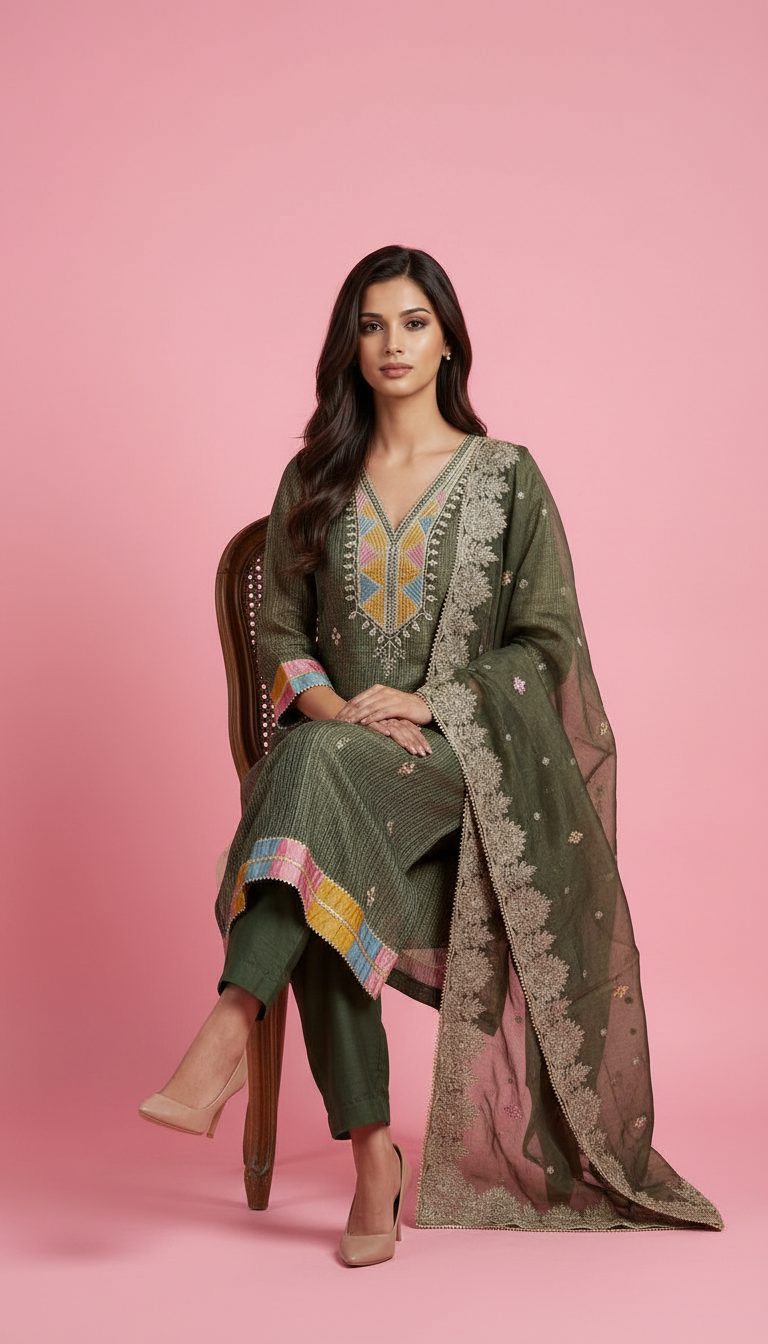 Pure Silk Jacquard Work Stylish Suit - Green 19 / HC001809 view 5