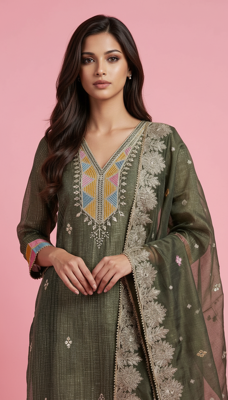 Pure Silk Jacquard Work Stylish Suit - Green 19 / HC001809 view 4