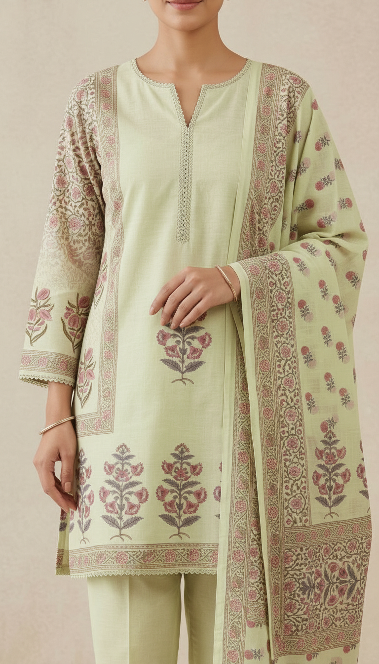 Pastel Green Embroidered Cotton Suit 8014 / HC002467 view 3