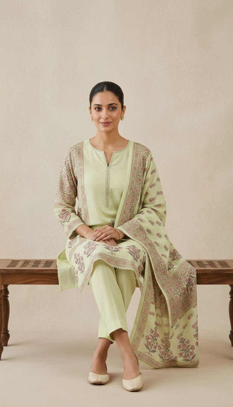 Pastel Green Embroidered Cotton Suit 8014 / HC002467 view 4