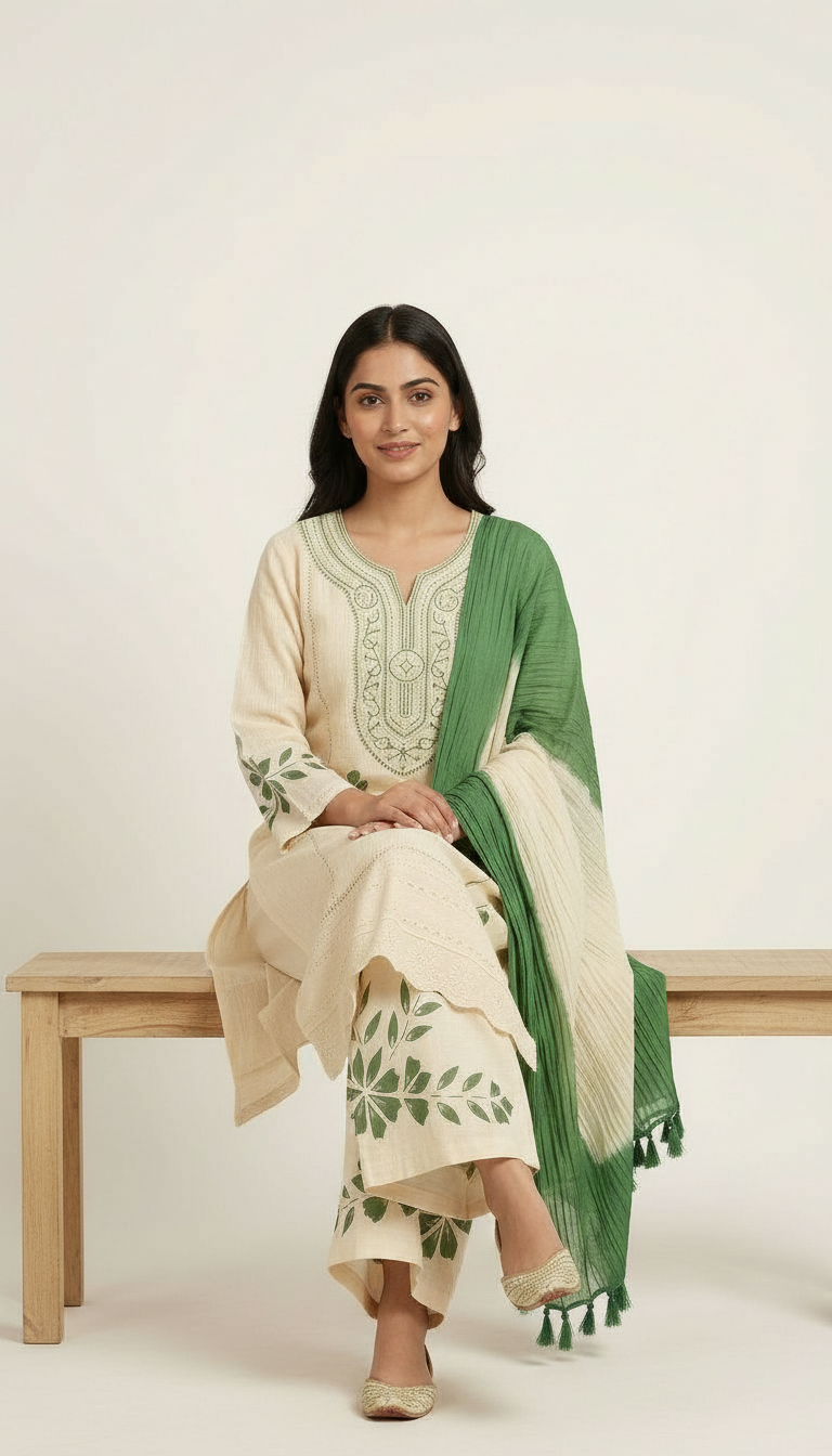 Pure Khadi Cotton With Embroidered Cord Set / HC002462 view 3