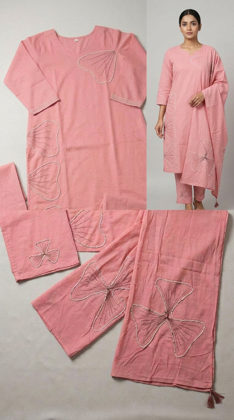 Stylish Cambric Cotton Girlish Embroidered Suit  Pink / HC002388 view 5