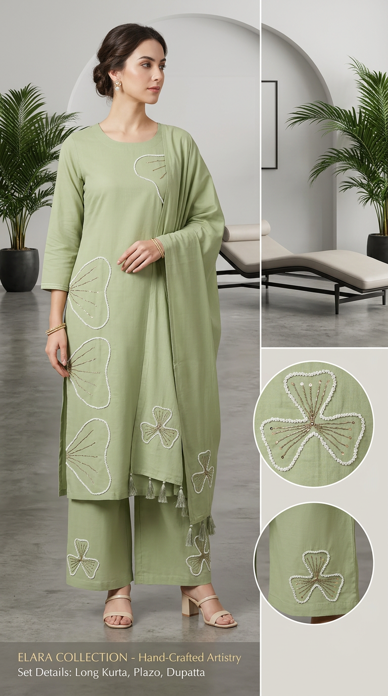 Stylish Cambric Cotton Girlish Embroidered Suit Green / HC002388 view 5
