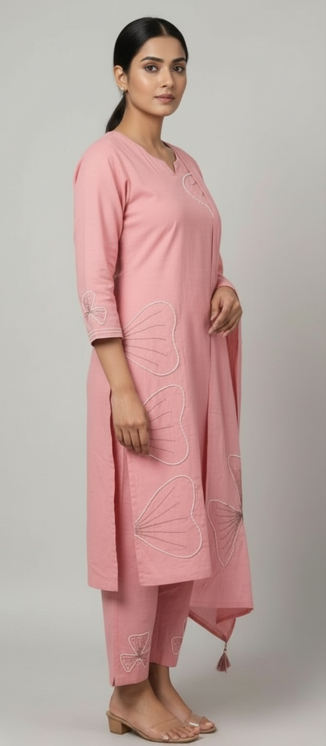 Stylish Cambric Cotton Girlish Embroidered Suit  Pink / HC002388 view 3
