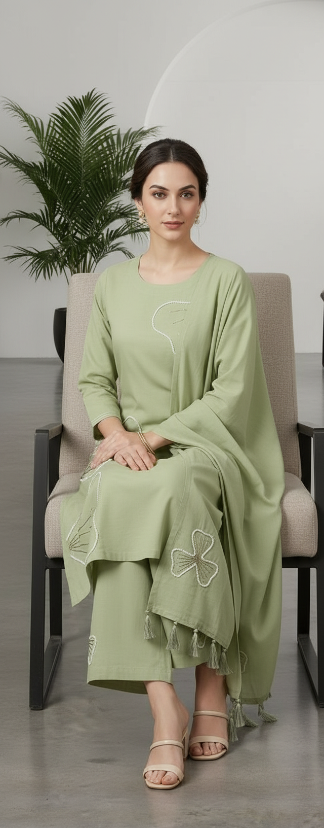 Stylish Cambric Cotton Girlish Embroidered Suit Green / HC002388 view 4