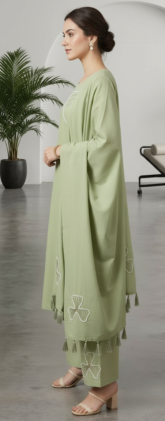 Stylish Cambric Cotton Girlish Embroidered Suit Green / HC002388 view 3