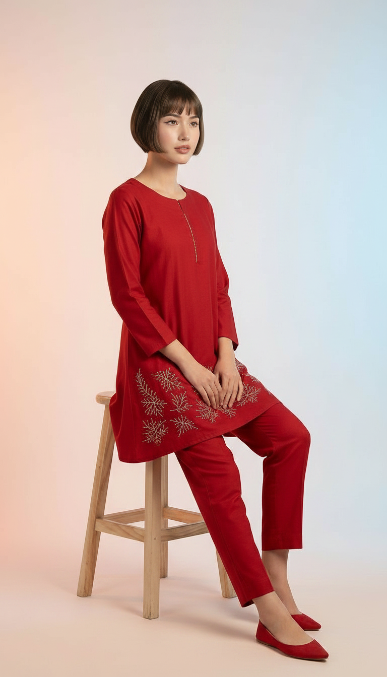 Elegant Red With Embroidered Cord Set / HC002379 view 4