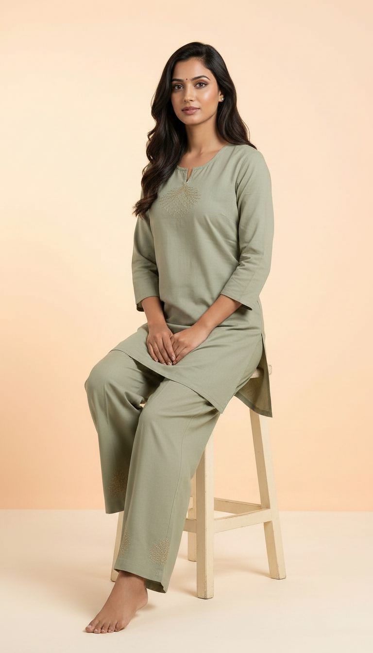 Elegant Pure Cotton Cord Set - Olive Green / HC002394 view 4