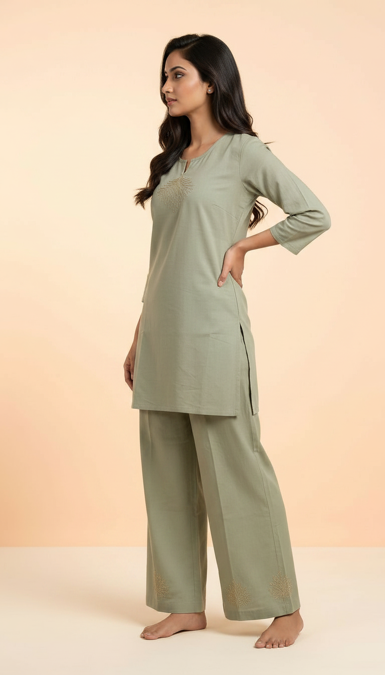 Elegant Pure Cotton Cord Set - Olive Green / HC002394 view 2