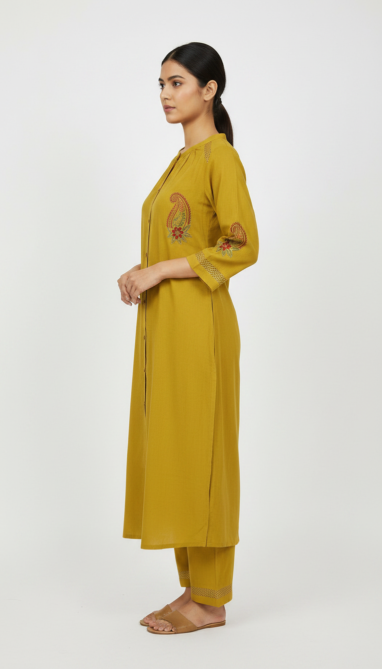 Pure Soft Cotton Embroidered Ethnic Cord Set Mustard / HC002397 view 3