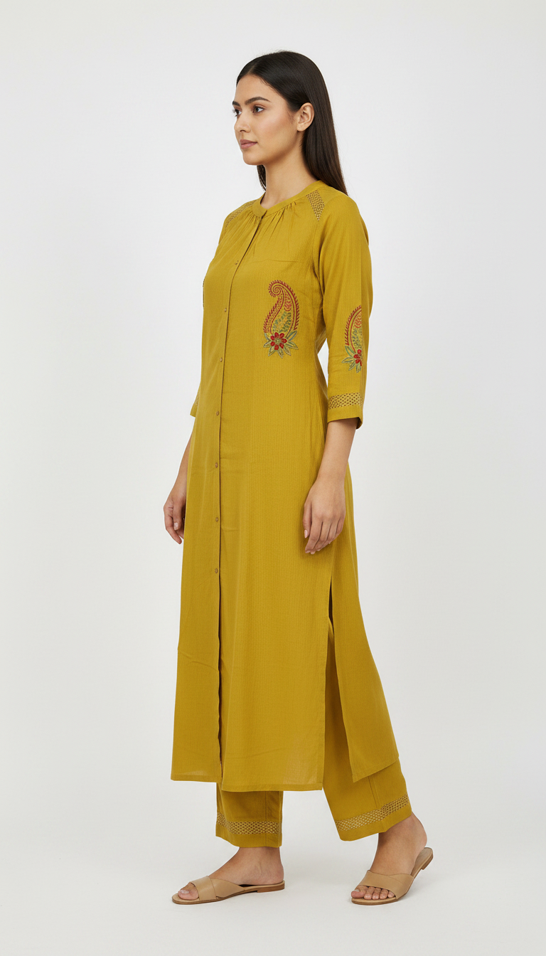 Pure Soft Cotton Embroidered Ethnic Cord Set Mustard / HC002397 view 2