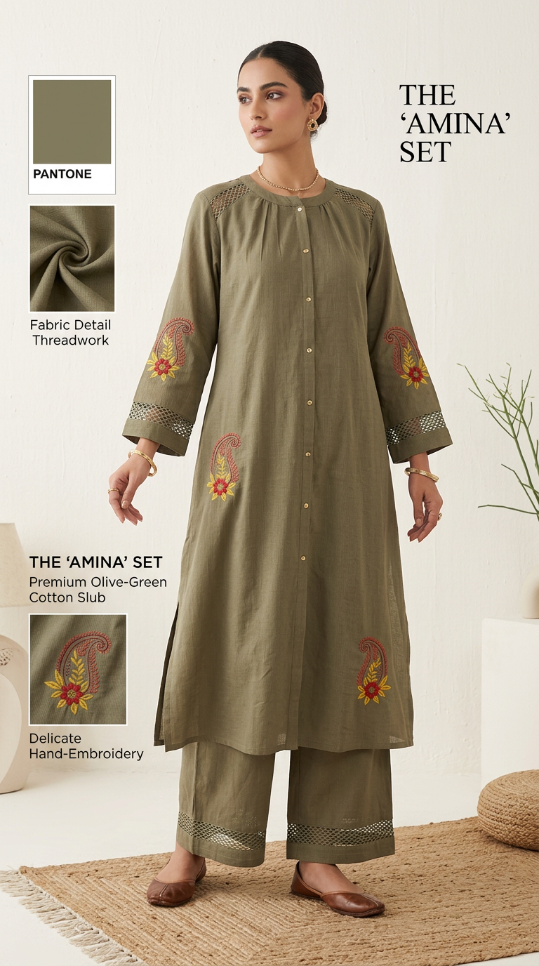 Pure Soft Cotton Embroidered Cord Set -  Olive Green / HC002389 view 5