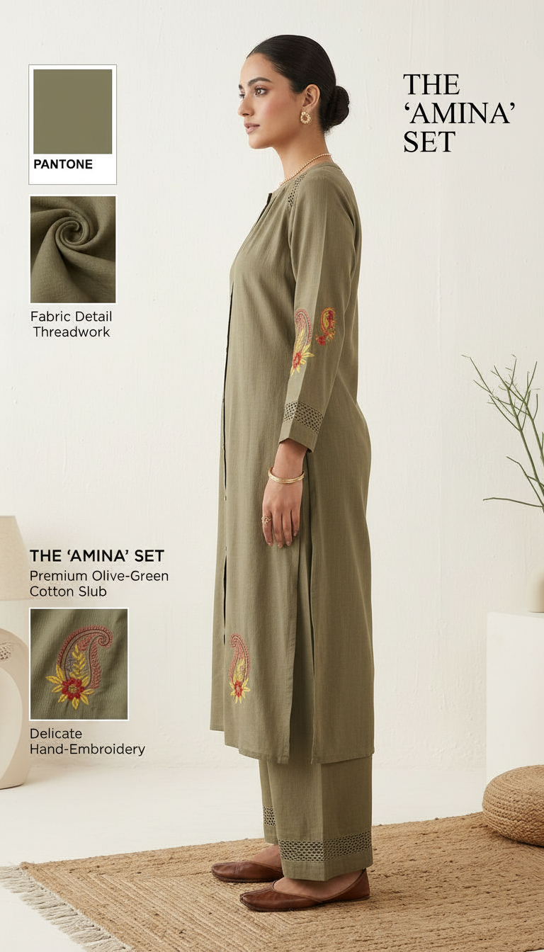 Pure Soft Cotton Embroidered Cord Set -  Olive Green / HC002389 view 3