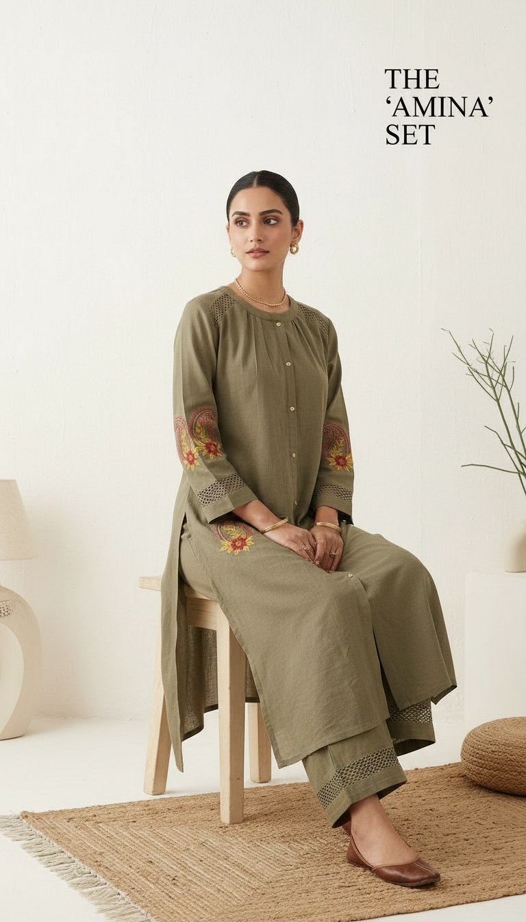 Pure Soft Cotton Embroidered Cord Set -  Olive Green / HC002389 view 4
