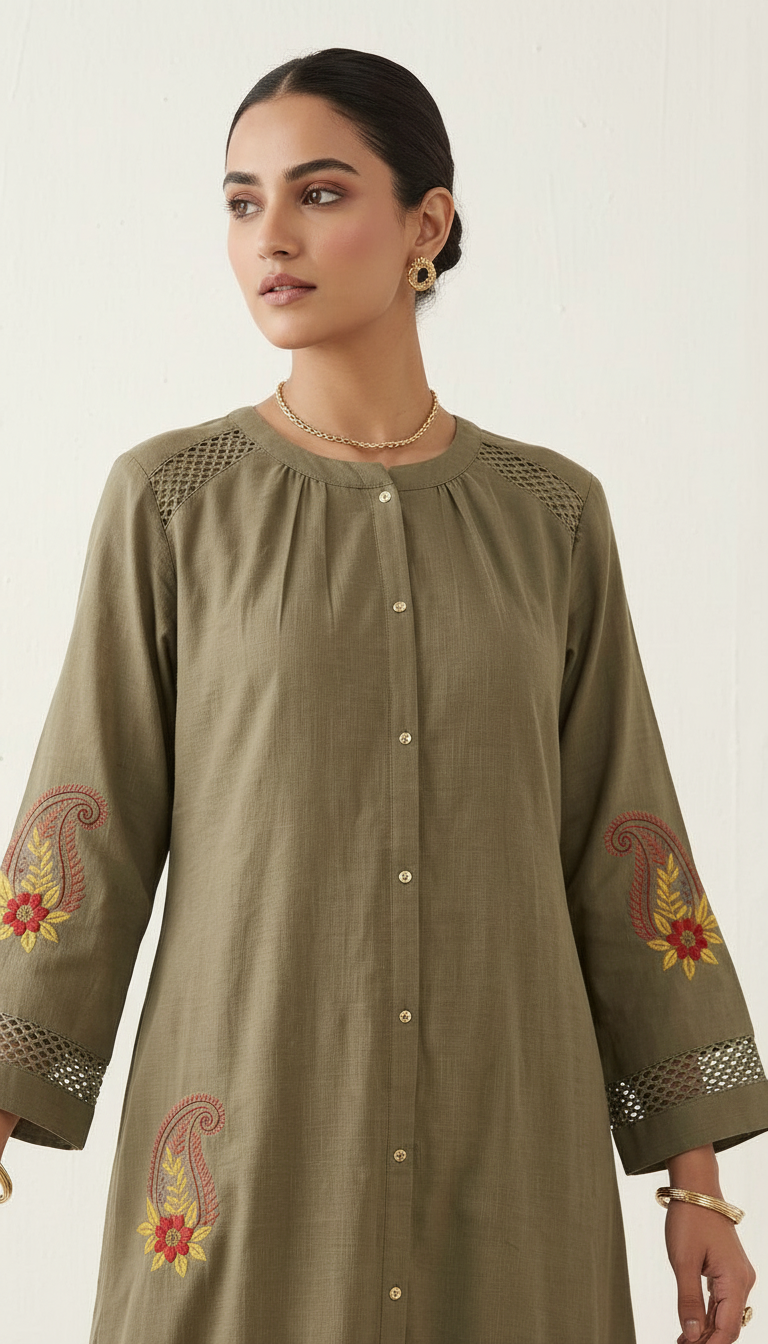 Pure Soft Cotton Embroidered Cord Set -  Olive Green / HC002389 view 2