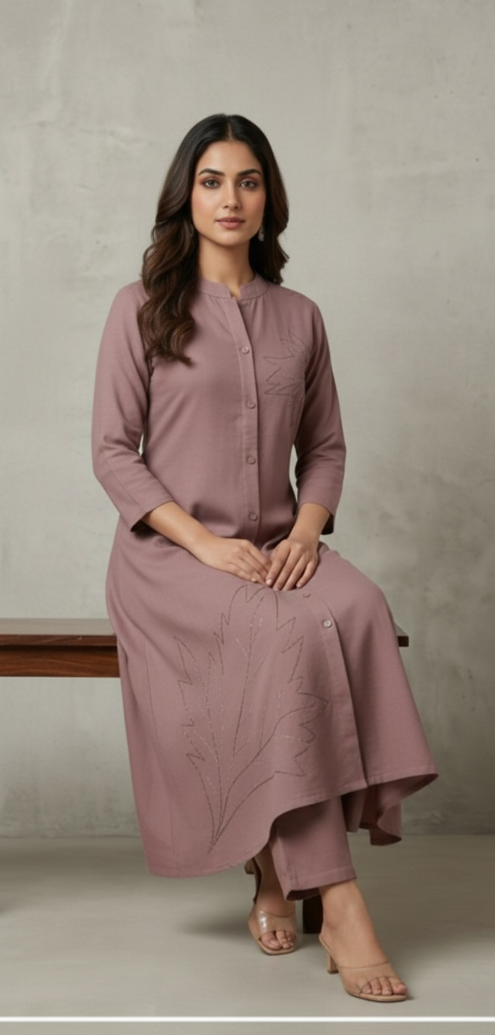 Stylish Soft Cotton Embroidered Cord Set Muted Mauve Pink / HC002390 view 4
