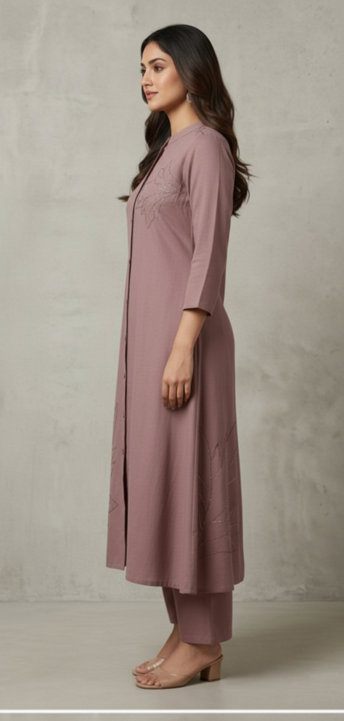 Stylish Soft Cotton Embroidered Cord Set Muted Mauve Pink / HC002390 view 2