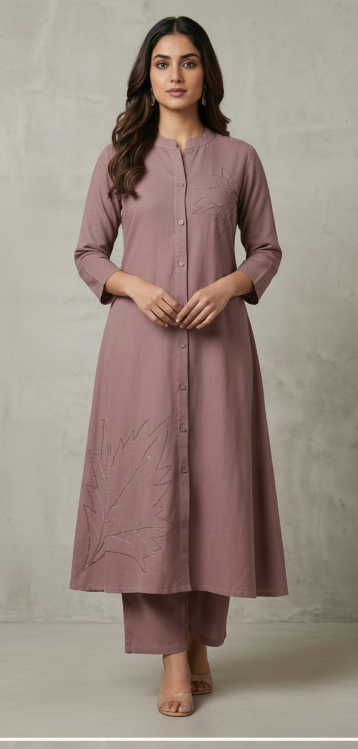 Stylish Soft Cotton Embroidered Cord Set Muted Mauve Pink / HC002390 view 3