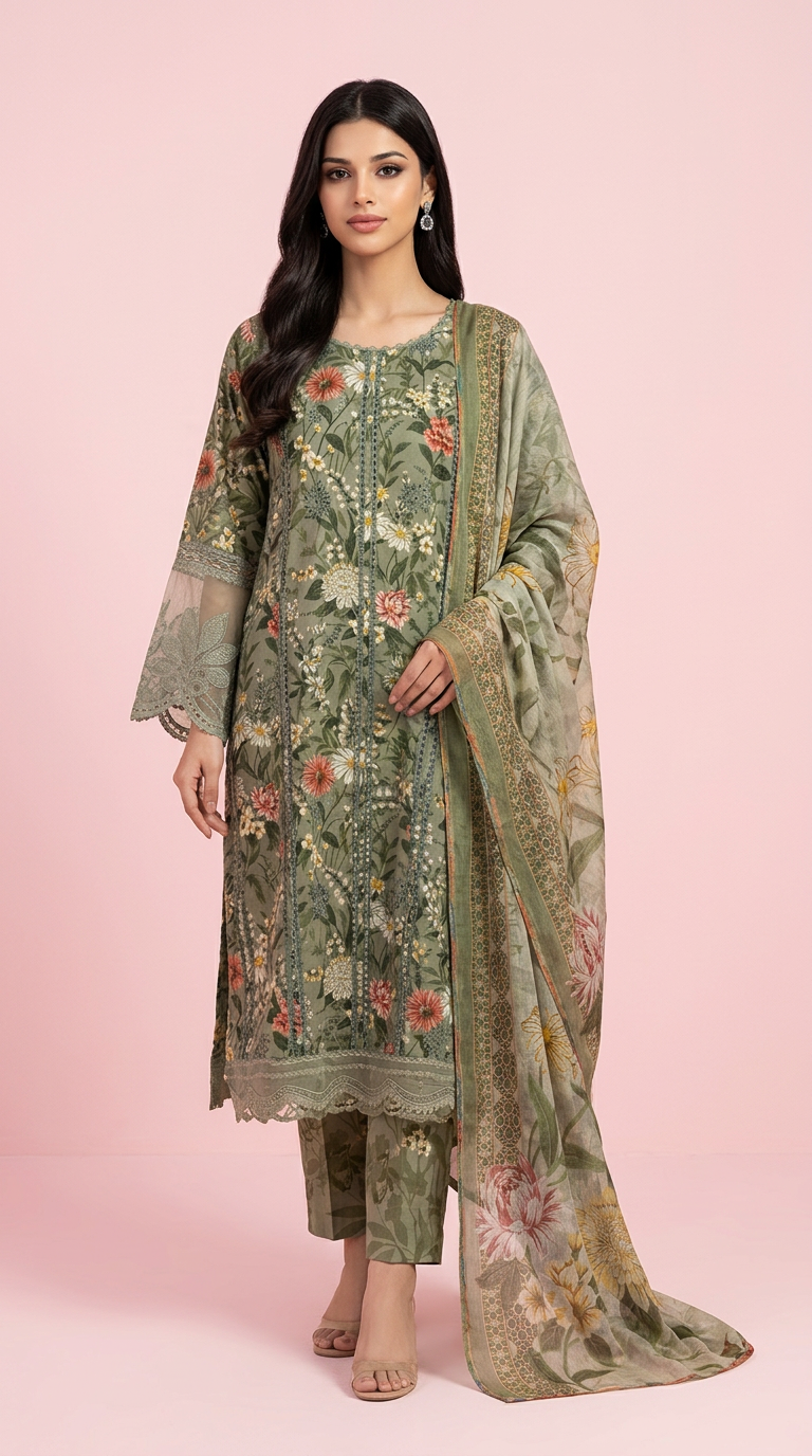 Lawn Embroidered Stitch Suit Olive Green / HC001971 view 5