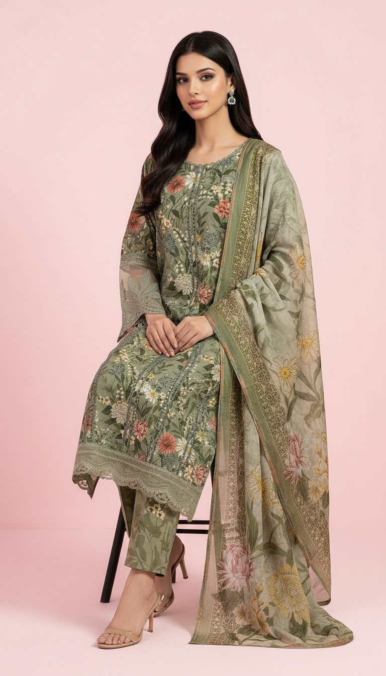 Lawn Embroidered Stitch Suit Olive Green / HC001971 view 4