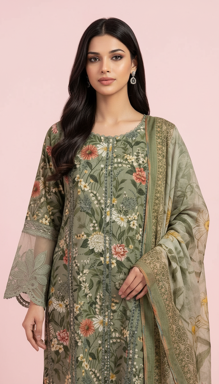 Lawn Embroidered Stitch Suit Olive Green / HC001971 view 3
