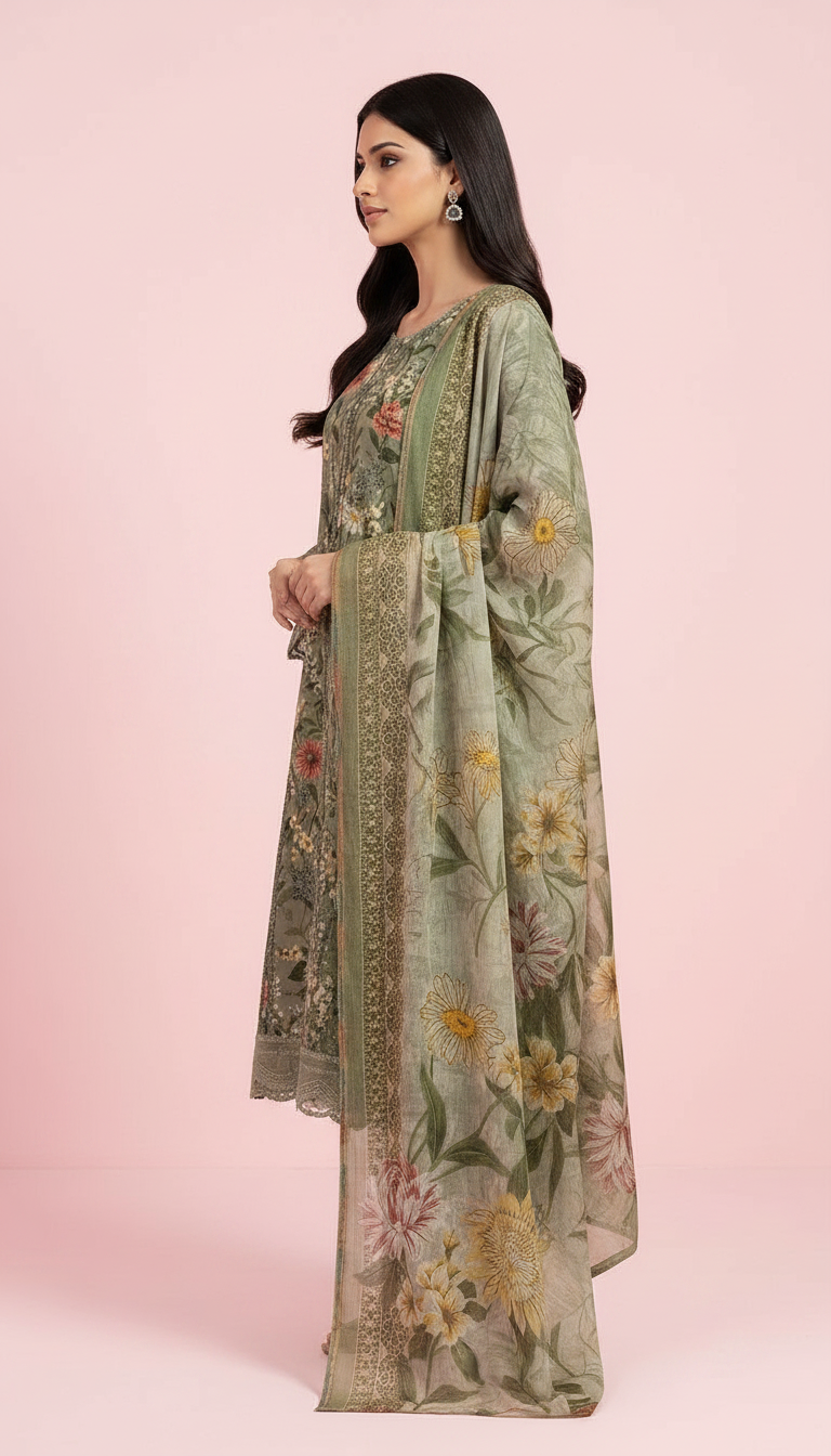 Lawn Embroidered Stitch Suit Olive Green / HC001971 view 2