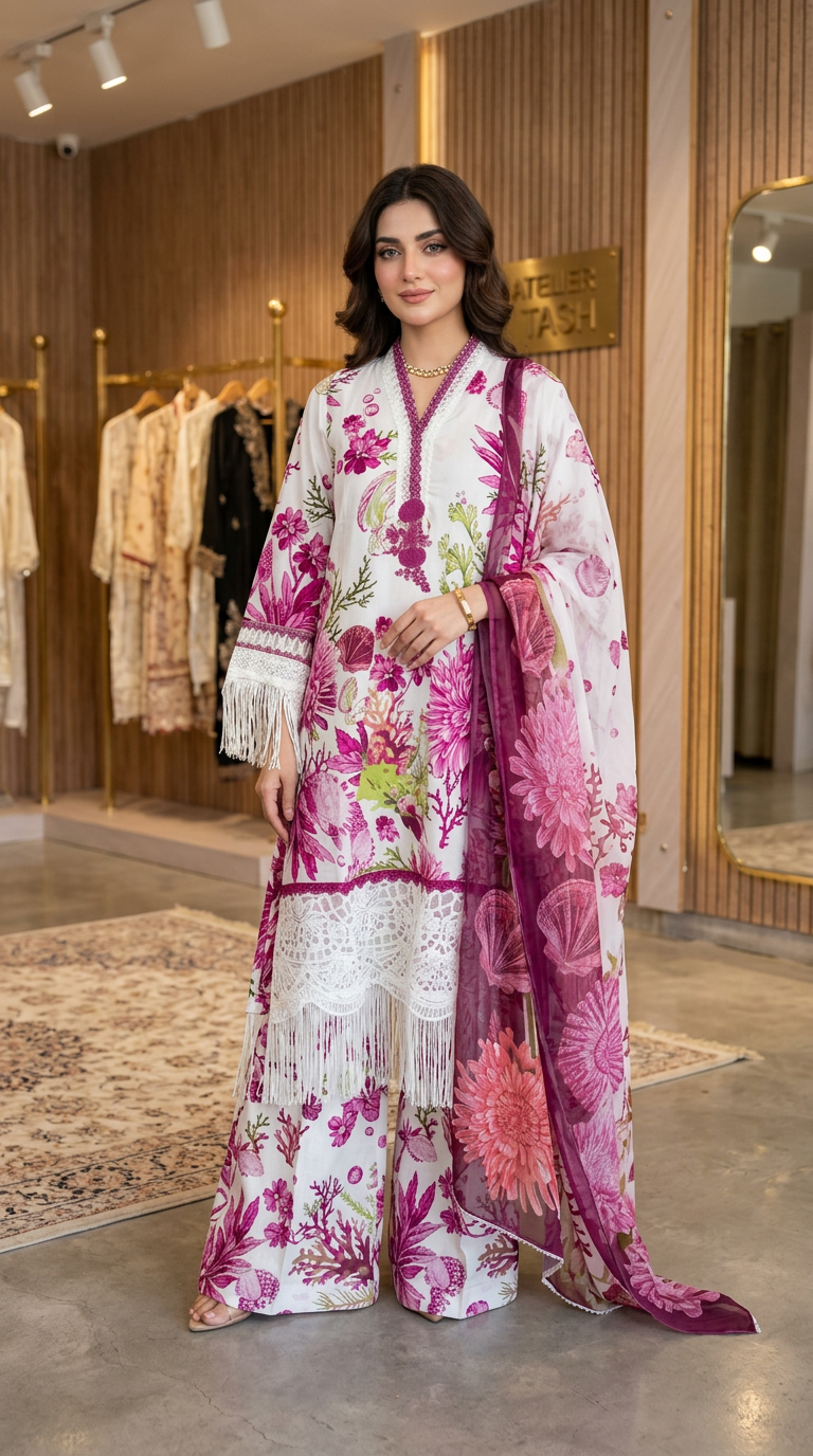 Lawn Embroidered Stitch Suit - White - Pink / HC001971 view 6