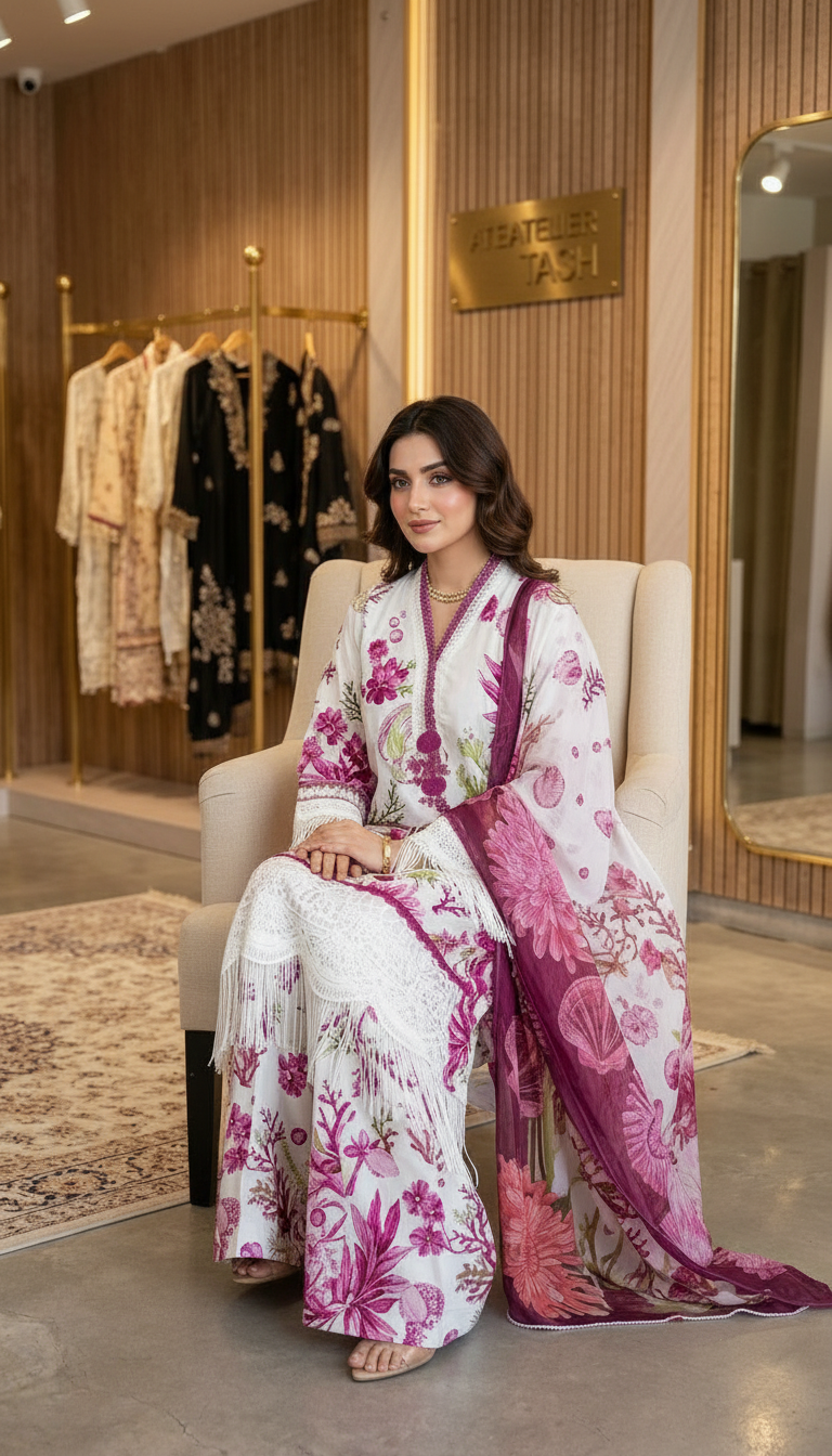 Lawn Embroidered Stitch Suit - White - Pink / HC001971 view 5