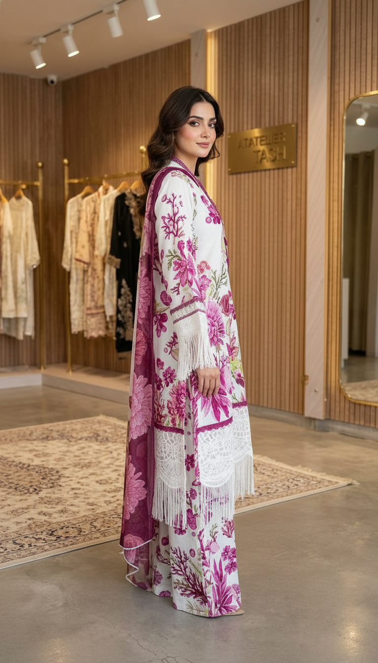 Lawn Embroidered Stitch Suit - White - Pink / HC001971 view 2
