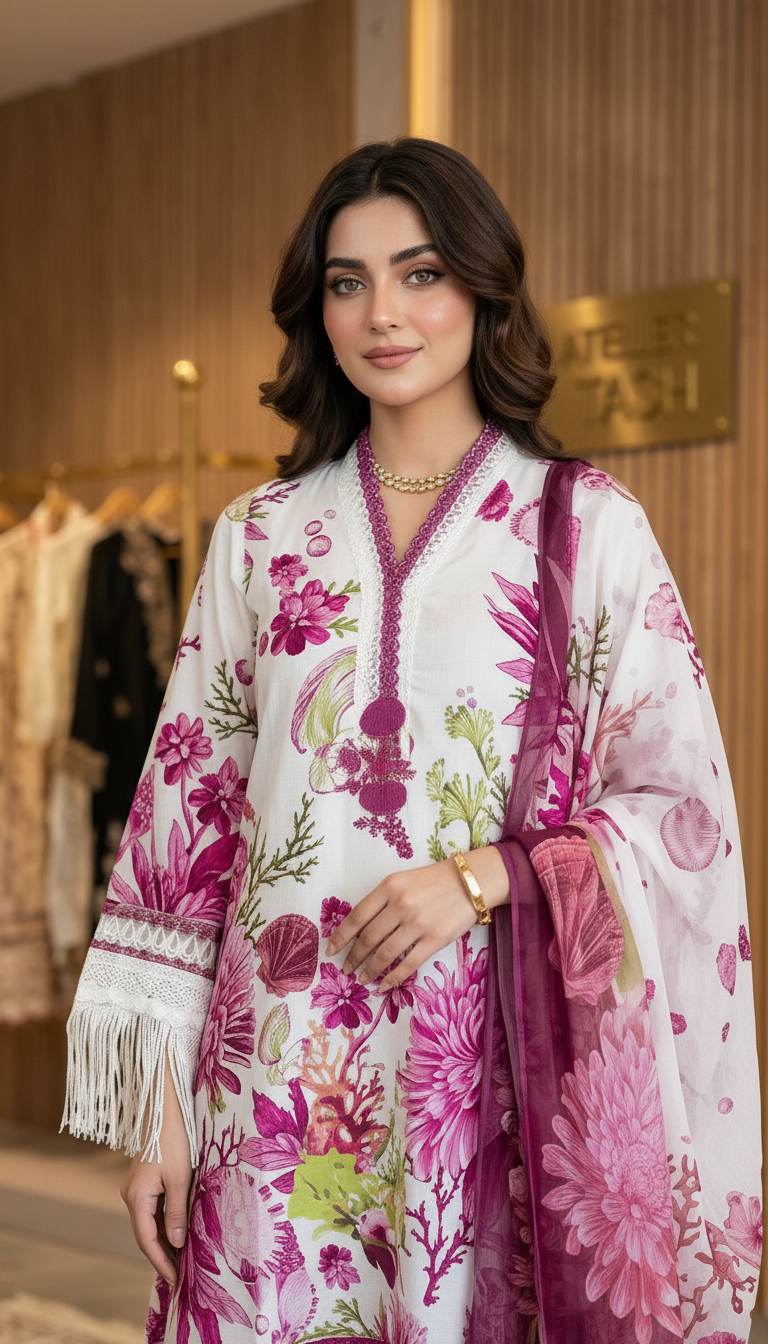 Lawn Embroidered Stitch Suit - White - Pink / HC001971 view 3