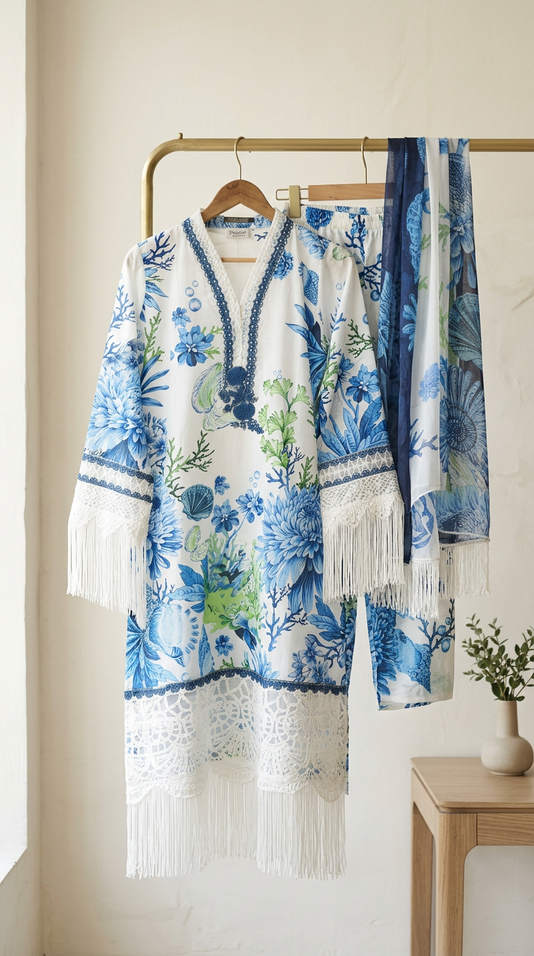 Printed Embroidered Lawn Suit White -Blue /  HC001971 view 4
