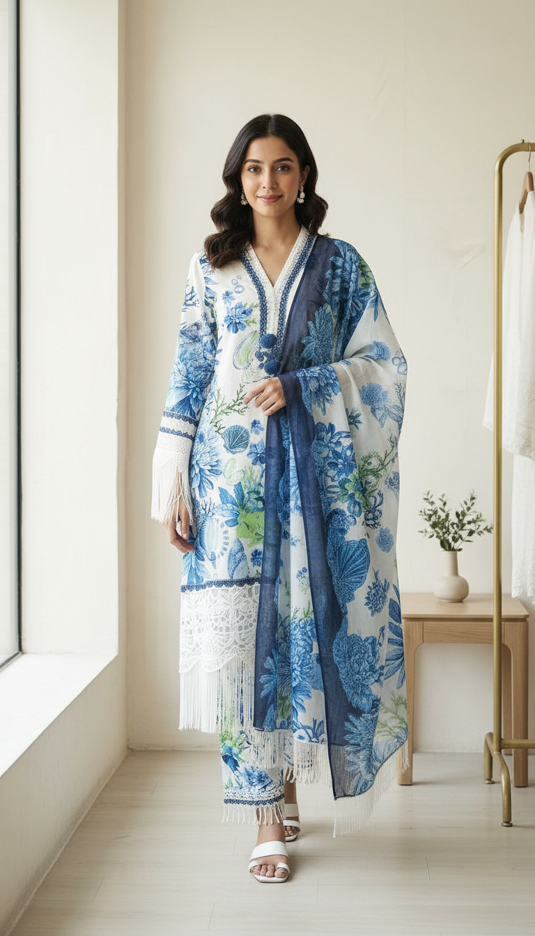 Printed Embroidered Lawn Suit White -Blue /  HC001971 view 3