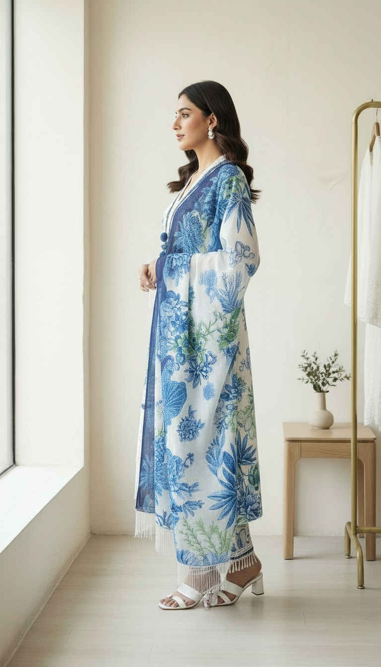 Printed Embroidered Lawn Suit White -Blue /  HC001971 view 2