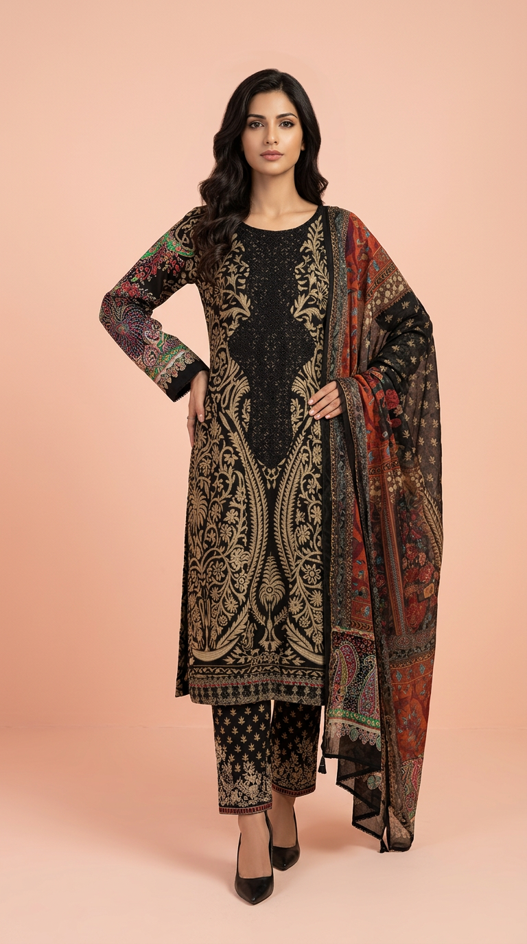 Printed Embroidered Lawn Suit - Black- Golden /  HC001971 view 6