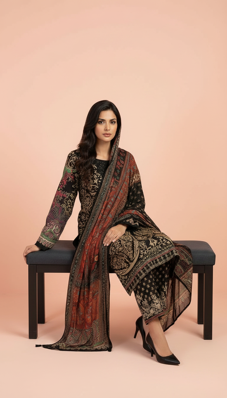 Printed Embroidered Lawn Suit - Black- Golden /  HC001971 view 5
