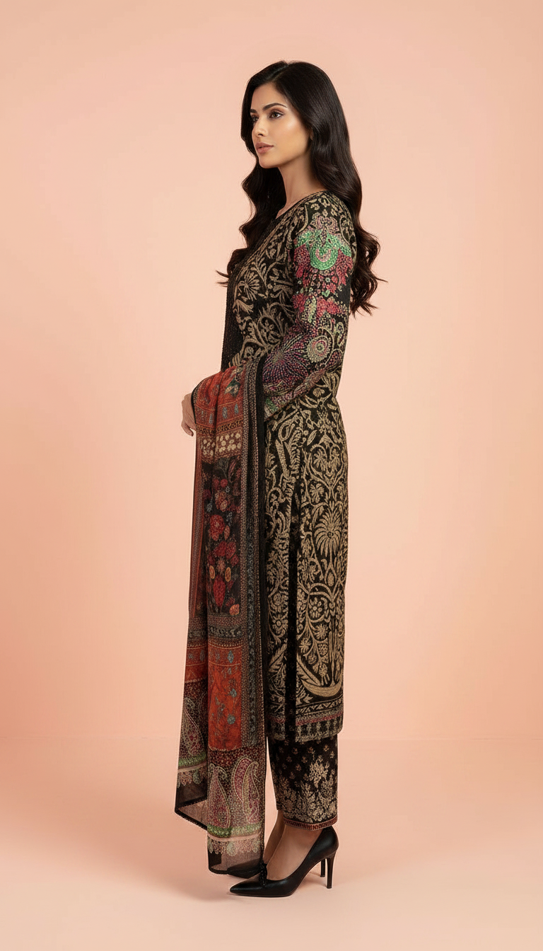 Printed Embroidered Lawn Suit - Black- Golden /  HC001971 view 2