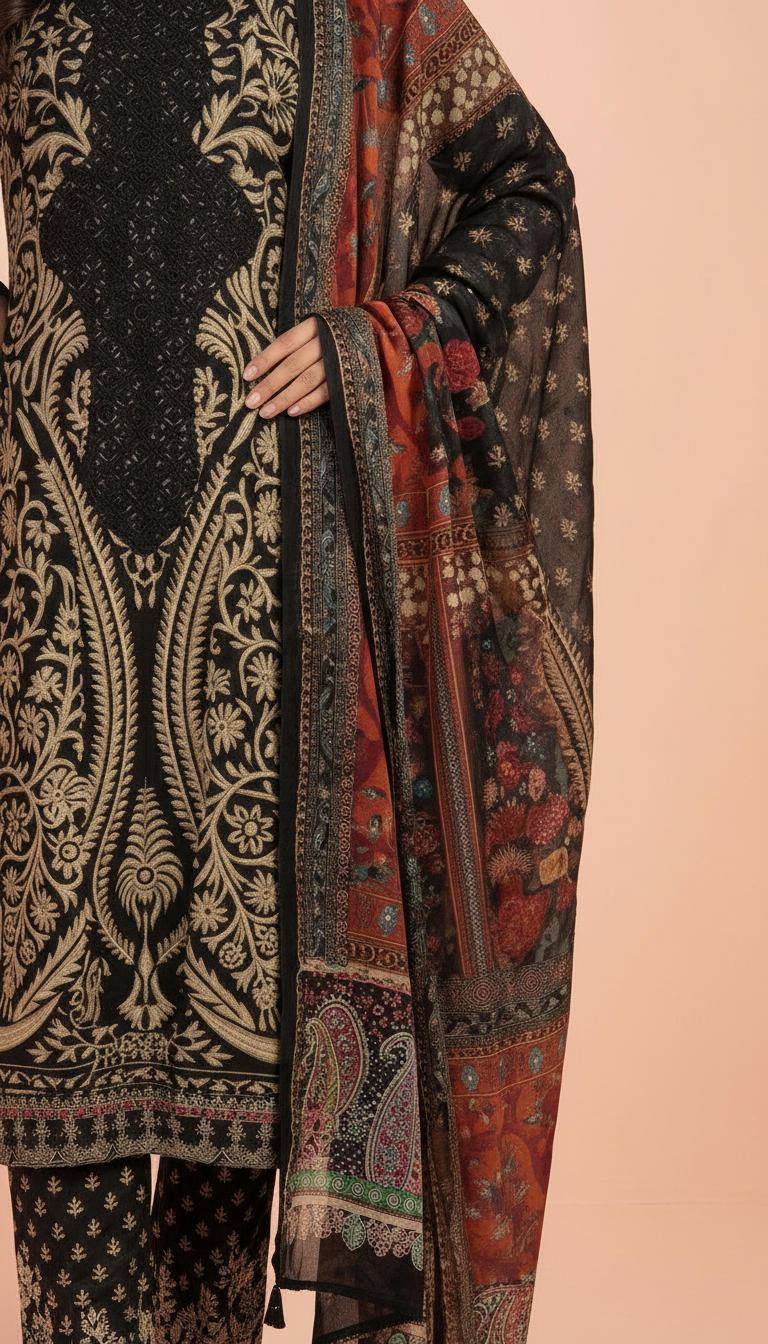 Printed Embroidered Lawn Suit - Black- Golden /  HC001971 view 3
