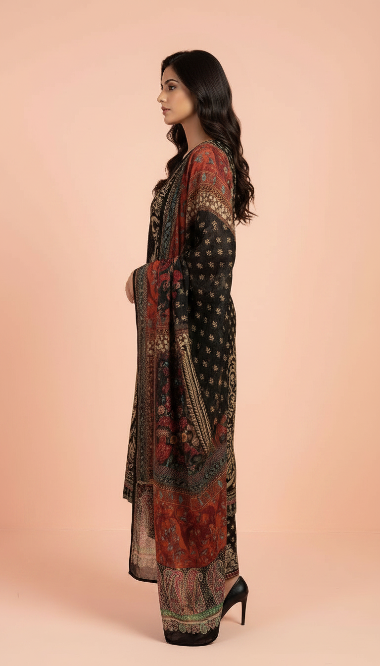 Printed Embroidered Lawn Suit - Black- Golden /  HC001971 view 4