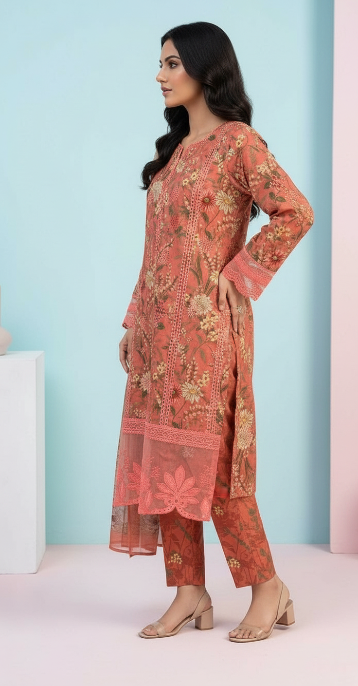 Embroidered Lawn Stitched Suit - Rust / HC001971 view 2