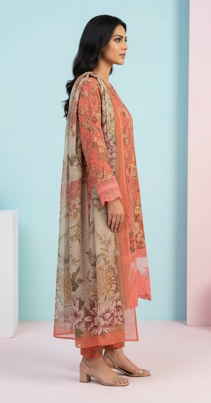 Embroidered Lawn Stitched Suit - Rust / HC001971 view 4