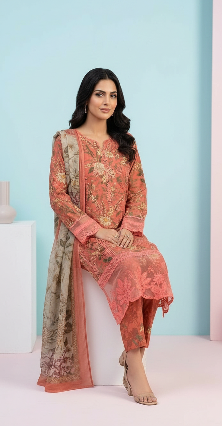 Embroidered Lawn Stitched Suit - Rust / HC001971 view 5