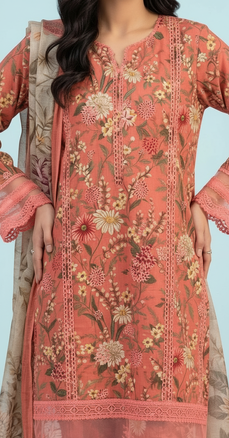 Embroidered Lawn Stitched Suit - Rust / HC001971 view 3